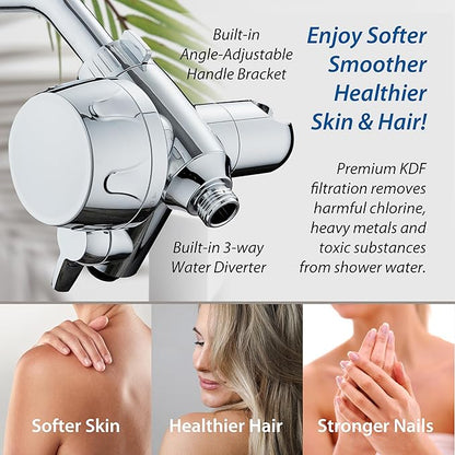 AquaCare Skin & Hair - World's Only Shower Head Combo Filter with Built-in 3-way Water Diverter, ON/OFF Filtration Modes, Instant Cartridge Reload & Stay-Clean American KDF Cartridge, Chrome Finish