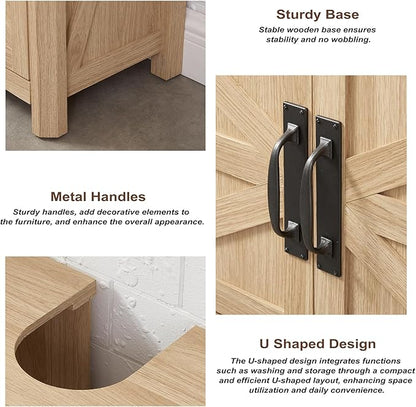 Bathroom Floor Cabinet, Adjustable Shelf, Barn Doors, Farmhouse Bathroom Storage Cabinet for Kitchen, Living Room (Natural Oak)