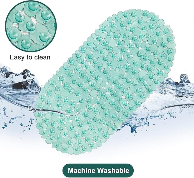 WELTRXE Pebbles Bathtub and Shower Mat Non Slip, Oval Bath Mats for Bathroom Tub Washable with Suction Cups, Drain Holes, BPA Free, 27 x 14 Inch, Dark Green