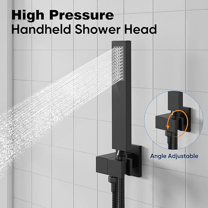ESNBIA Shower System Black, All Metal Ceiling Shower Faucet Set with Pressure Balance Valve Kit,10" Rain Heads with Handheld Spray Combo, Matte Black