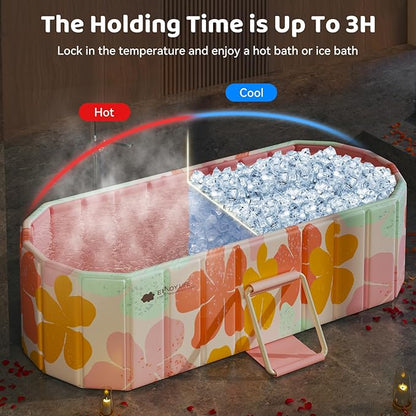 Portable Foldable Bathtub, Freestanding Bathtub No Installation, Bathroom SPA Soaking Bath Tub, Shower Stall Collapsible Hot & Ice Bath for Indoor Outdoor (Pink, 59"L x 21.6"W x 19.6"H)
