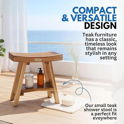 EcoDecors Teak Shower Bench with Shelf 18", 300 lb Capacity – Fully Assembled Waterproof Wood Spa Seating for Adults - Compact Fit for Small Bathrooms & Walk-in Showers - Slip-Resistant Feet