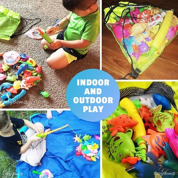 CozyBomB™ Magnetic Fishing Toys Game Set for Kids | Water Table Bathtub Kiddie Pool Party Pole Rod Net, Outdoor Plastic Floating Fish, Toddler Bath Color Ocean Sea Animals Birthday Gift Age 3-5 6 4-8