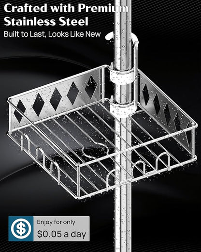 SElRIONE Corner Shower Caddy Tension Pole, Quick Setup, Rust-Free Bathroom Shower Organizer Corner for Bathtub Shampoo Storage, 4-Tier Adjustable Shelf, Drill Free, Fits 34 to 116 Inch Height