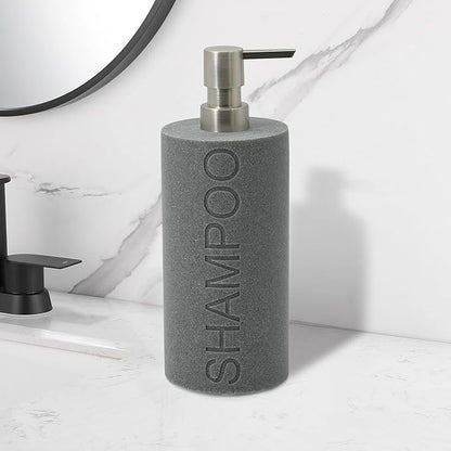 Resin Neutral Gray Sandstone Shampoo Engraved Bottle Refillable Pump Dispenser, Durable Waterproof Resin Construction for Bath, Shower - Gray Sandstone Satin Nickel Pump