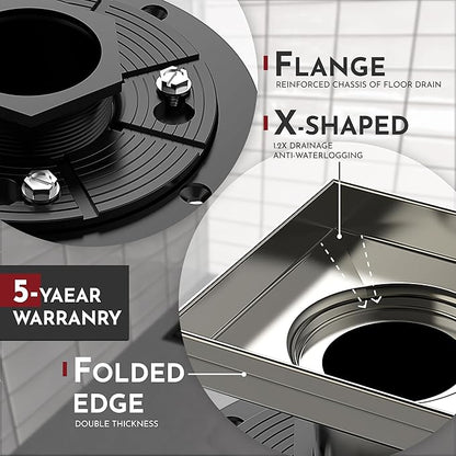 WEBANG 4 Inch Square Shower Drain Nickel Floor Drain with Flange Reversible 2-in-1 Cover Tile Insert Grate Removable SUS304 Stainless Steel CUPC Certified Brushed Nickel