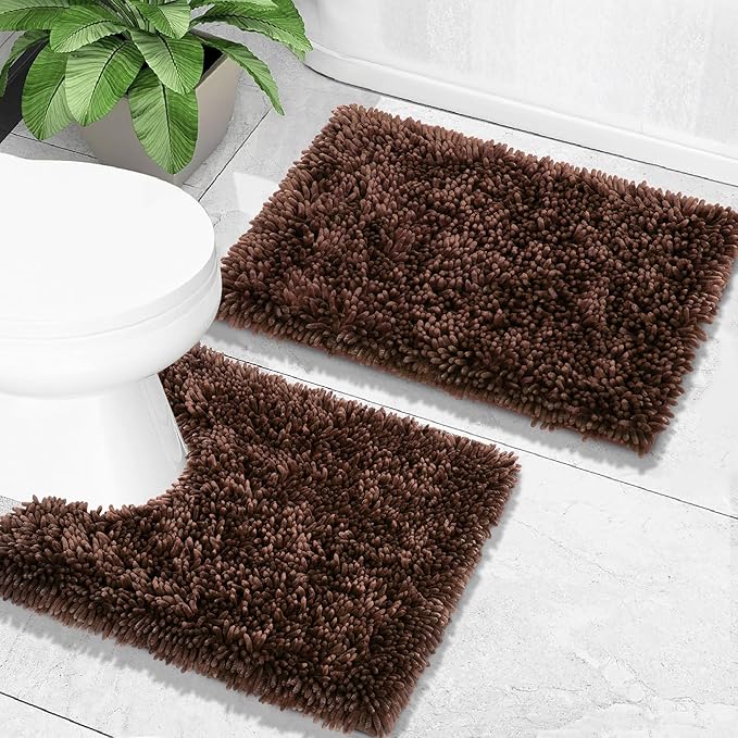 Yimobra Toilet Rugs U Shaped Washable, Extra Thick Soft Absorbent Chenille Contour Bathroom Rugs for Toilet 24x20 Inch, Quick Dry Non Slip Toilet Mat for Bath Floor, Brown