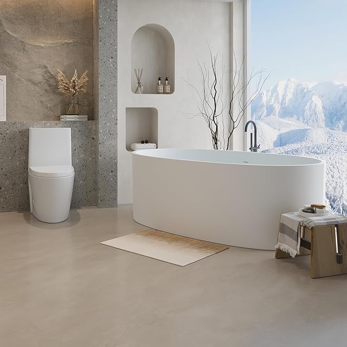 Abruzzo 65" Matte White Freestanding Solid Surface Bathtub, Stone Resin Freestanding Bath Tub with Overflow and Pop-up Drain