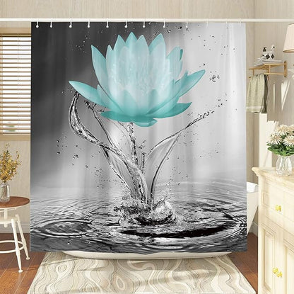 Lotus Shower Curtain Black White Grey Teal Flower Elegant Blooming Floral with Dew Spring Flower Reflection on Water Modern Romantic Polyester Fabric Bathroom Decor 70×78 Inch with Hook