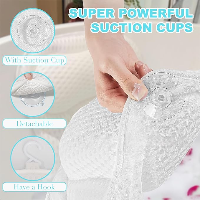 YHan 4D Air Mesh Bath Pillow for Tub - Soft Neck & Back Support with Non-Slip Suction Cups, Relaxing Spacer Mesh Material, Spa Accessories Gift