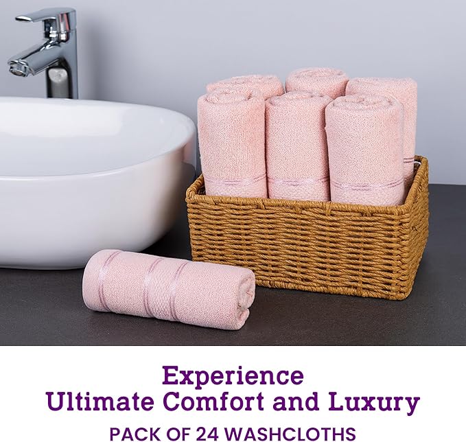 Casa Lino Face Towels & Body Wash Cloths for Showering - 100% Cotton Wash Cloths for Bathroom - Highly Absorbent & Quick Drying Washcloth Set - Cotton Washcloths 24 Pack (12" x 12") - (Blush Pink)
