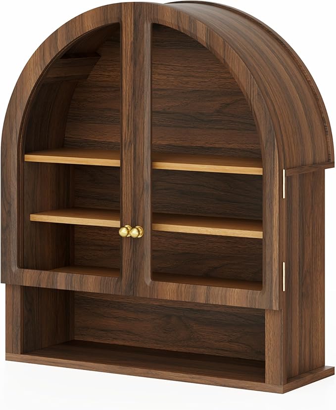 Arched Wall Cabinet with Acrylic Door, Large Wooden Wall Mounted Bathroom Cabinet, Modern Hanging Medicine Cabinet with Adjustable Shelf and Open Shelf, Brown/Oak