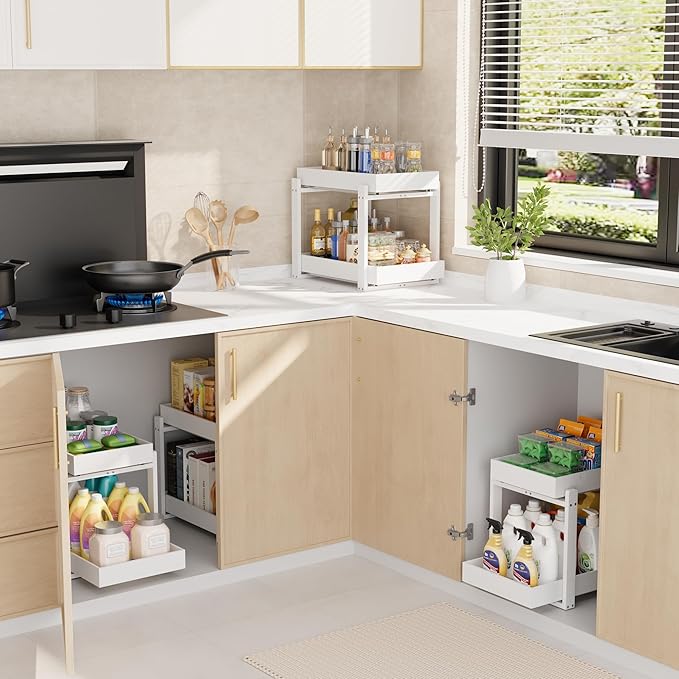Bamboo Wood Under Sink Organizer 2 Pack, Pull Out Cabinet Organizer 2 Tier Under Sink Organizers and Storage with Sliding Drawer Sturdy Easy Assembly for Kitchen Bathroom Undersink, White