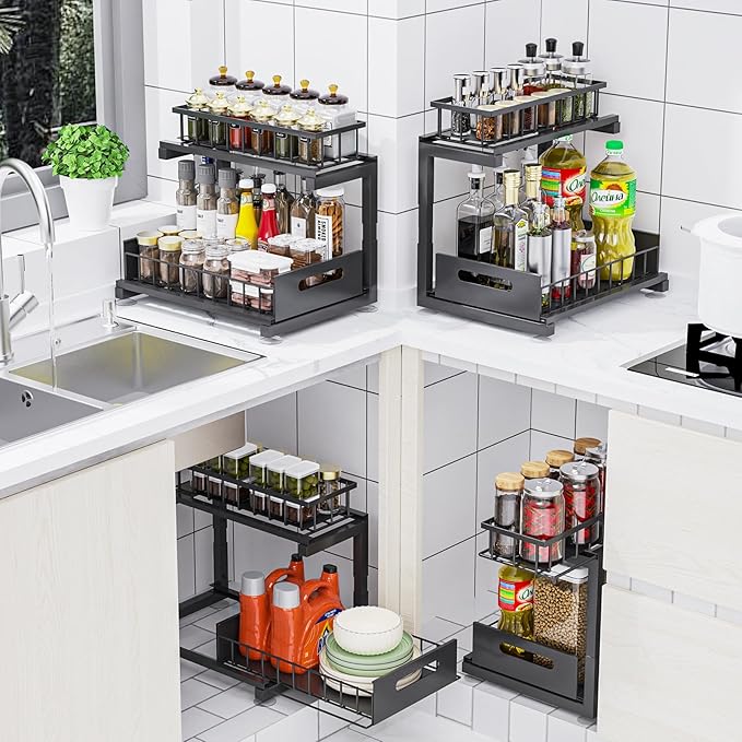 Under Sink Organizer, Heavy Duty Metal Slide Out Sink Shelf Organizer Height Adjustable, Multi-Purpose Storage Shelf for Kitchen Bathroom (Black,1Pack)
