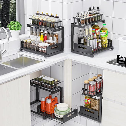 2 Pack Under Sink Organizer, Heavy Duty Metal Slide Out Sink Shelf Organizer Height Adjustable, Multi-Purpose Storage Shelf for Kitchen Bathroom (Black,2Pack)