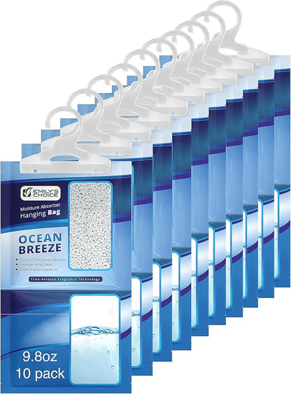 Emily's Choice Ocean Breeze Hanging Moisture Absorber 9.8oz (10 Pack) - Eliminates Musty Odors for Fresher,Ideal for Closet, RV, Boat,Large 16oz / 500ml Catch Basin/Comparable to Damp Rid