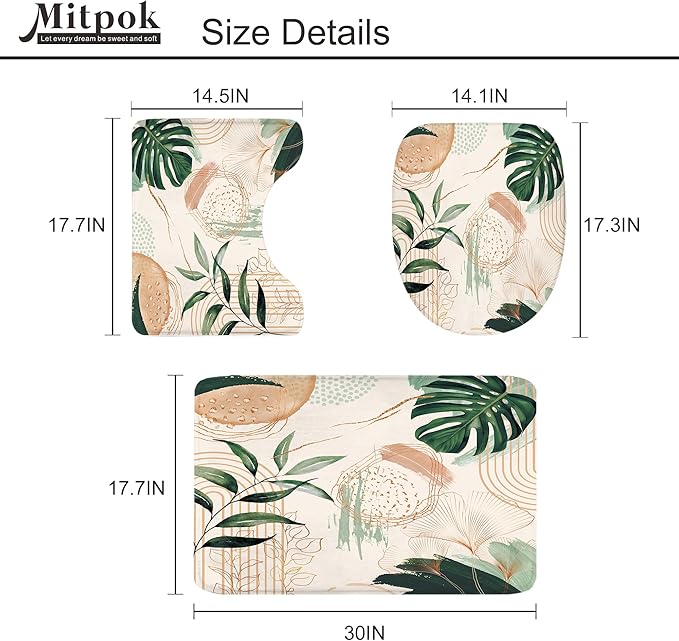 4 PCS Boho Shower Curtain Set 72Wx72H, Non-Slip Bath Rug Toilet Lid Cover and U Shape Mat Green Modern Tropical Palm Leaves Complete Bathroom Set Accessories with 12 Hooks Bathroom Decor