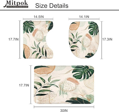 4 PCS Boho Shower Curtain Set 72Wx72H, Non-Slip Bath Rug Toilet Lid Cover and U Shape Mat Green Modern Tropical Palm Leaves Complete Bathroom Set Accessories with 12 Hooks Bathroom Decor