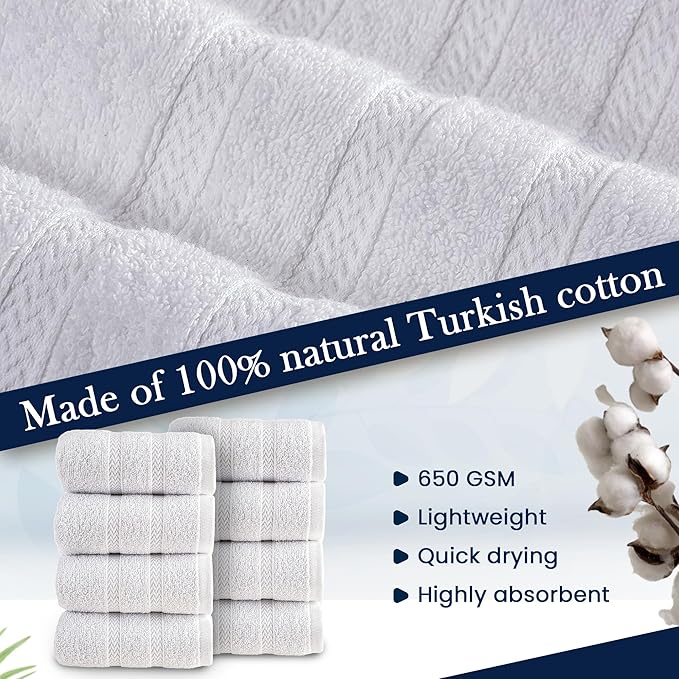 HALLEY Turkish 8 Pack Premium Washcloths (8 Pieces) 650 GSM Highly Absorbent Super Soft 100% Cotton - 8 Washcloths (White)