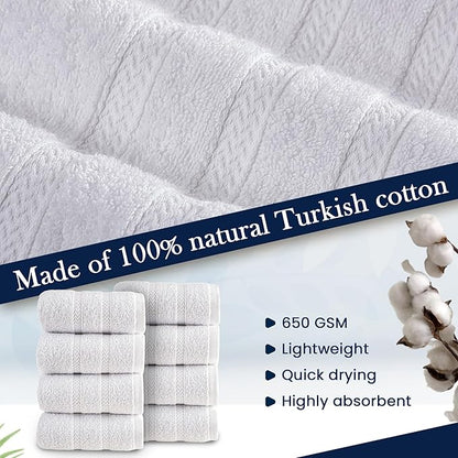 HALLEY Turkish 8 Pack Premium Washcloths (8 Pieces) 650 GSM Highly Absorbent Super Soft 100% Cotton - 8 Washcloths (White)