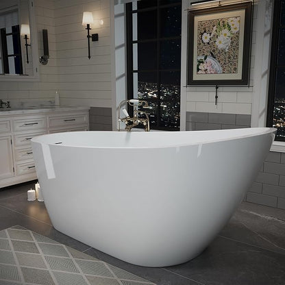 ABRUZZO 63" Acrylic Freestanding Bathtub - Deep Soaking Tub with Pop-Up Drain & Overflow, Glossy White Standalone Bathtub for Modern Bathroom, Fiberglass Reinforced Construction