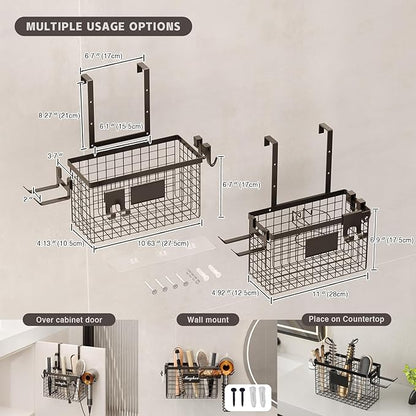 Hair Dryer Holder Cabinet Door 3-in-1 Adhesive Hair Tool Organizer Wall Mounted Adjustable Height Blow Dryer Holder Under Sink Bathroom Hair Appliance Organizer and Storage Countertop(Black)