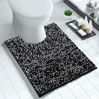 Yimobra Luxury Chenille U-Shaped Toilet Rug, Super Soft Shaggy Contour Bath Mat for Bathroom Floor, Fluffy, Water Absorbent, Non Slip, Machine Washable, Dry Quickly, 24''x 20'', Black & Dark Grey