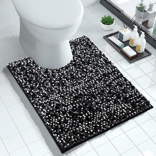Yimobra Luxury Chenille U-Shaped Toilet Rug, Super Soft Shaggy Contour Bath Mat for Bathroom Floor, Fluffy, Water Absorbent, Non Slip, Machine Washable, Dry Quickly, 24''x 20'', Black & Dark Grey