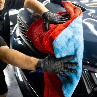 Autofiber Dreadnought Max Triple Layer Microfiber Car Drying Towel, Twist Pile and 1400GSM, Pack of 2 (16 inch x 16 inch) Blue/Red