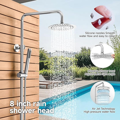 Rainsworth Outdoor Shower Kit Chrom - Single Handle Brass Valve, 8 Inch Rain Shower Head and Handheld Spray Shower Fixture Combo, 304 Stainless Steel Wall Mount