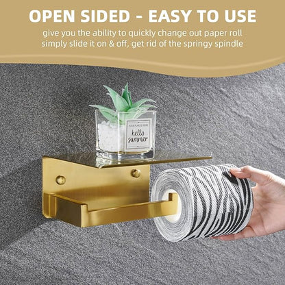 Angle Simple Toilet Paper Holder with Shelf, 304 Stainless Steel Bathroom Tissue Roll Holder for Wall, Brassy Gold