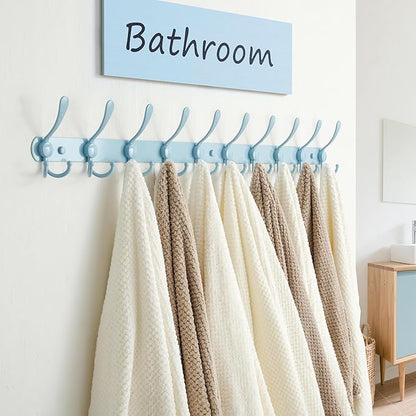 Dseap Coat Rack Wall Mount - 38” Long 10-Tri-Hooks Heavy Duty Coat Hanger Rail Wall Hooks for Hanging Coats Hats Clothing Clothes Purse Mudroom Entryway, Blue, Pack of 2
