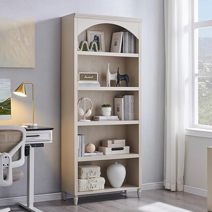 76" Tall Arched Bathroom Storage Cabinet, 5 Tiers Large Farmhouse Arched Cabinet w/Adjustable Shelves, Modern Wooden Storage Cabinet for Bathroom, Living Room, Entryway, Study Room (Cream)