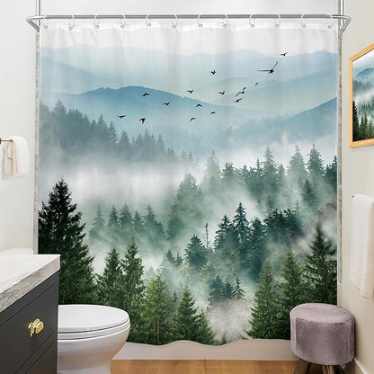 Riyidecor Long Green Shower Curtain 72Wx78H Inch Mountain Scenery Natural Pine Tree View Rustic Scene Landscape Netural Mens Women Bathroom Decor Fabric Polyester Waterproof 12 Pack Hooks