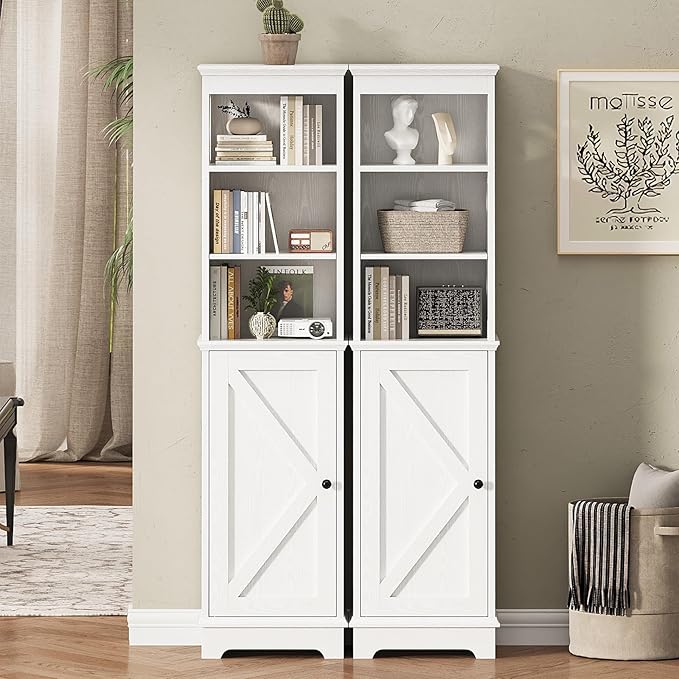 Narrow Bathroom Storage Cabinet with Door and Open Adjustable Shelves, 60.9" H Wooden Tall Tower Corner Farmhouse Cabinet, Freestanding Organizer for Kitchen, Entryway White