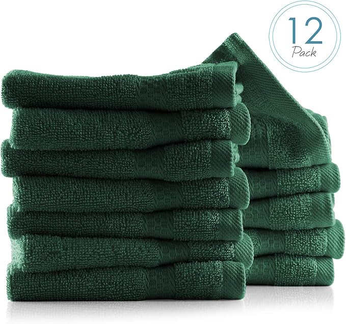 Hearth & Harbor Washcloths 12 Pack - 100% Cotton Washcloth for Body and face, High Absorbent and Soft 13"x13" Body Wash Cloth, Quick Dry - Hunter Green Washcloths