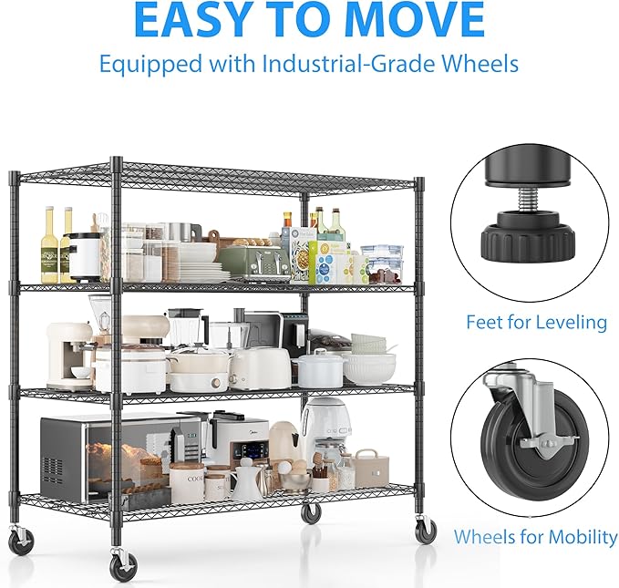 Homdox Heavy Duty Metal Shelves for Storage, 4 Tier Storage Racks and Shelving, Commercial Adjustable Wire Shelving Unit on Wheels, Garage Rack Pantry Shelves Kitchen Shelving, 24"x60"x72", Black