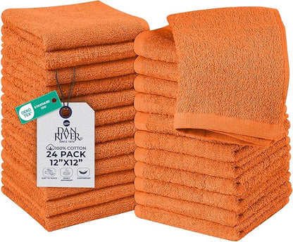 DAN RIVER 24 Pack Wash Cloths for Showering [12x12] - 100% Cotton Washcloths Premium Quality Flannel Face Cloths for Bathroom, Highly Absorbent and Soft Feel Wash Clothes, Orange