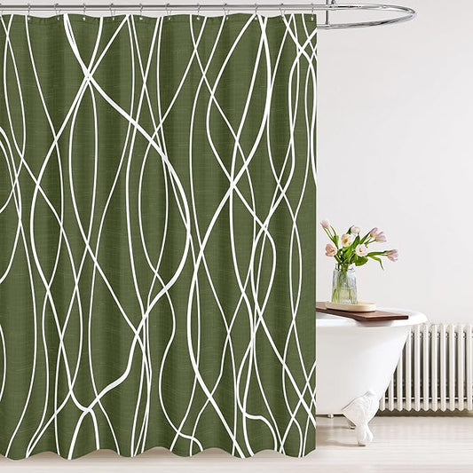 Tititex Morden140gms Faux Linen Fabric Bath Shower Curtain Set Textured Fabric with Olive White Curve Pattern 72x72 Inch Water Resistant Bathroom Curtains, Weighted Hem & Hooks for Hotel/Home