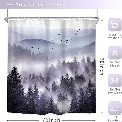Riyidecor Purple Mountain Shower Curtain 72Wx78H Inch Nature Scenery Landscape Rustic Pine Tree Misty Foggy Mountain Dark Natural View Mens Bathroom Decor Fabric Polyester Waterproof 12 Pack Hooks