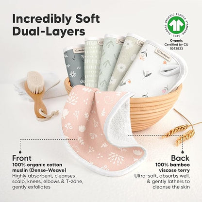 6-Pack Cotton Baby Washcloths for Newborn - Organic Cotton Muslin Soft Wash Cloths for Babies, Infant, Kids, Toddler Towels for Boy, Girl, Super Absorbent Face Cloths, Scratch-Free Baby Rags (Fleur)