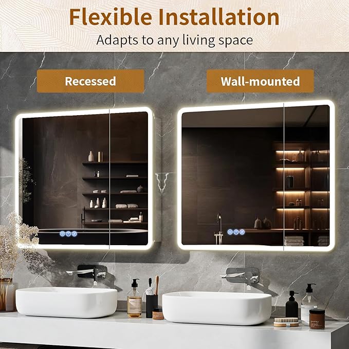 BEAUTYPEAK 36 x 32 LED Bathroom Medicine Cabinet Mirror, Adjustable Shelves, Silver Aluminum Cabinet, Anti-Fog Stepless Dimmable 3 Colors White/Natural/Warm, Easy to Install(Wall Mount/Recessed)