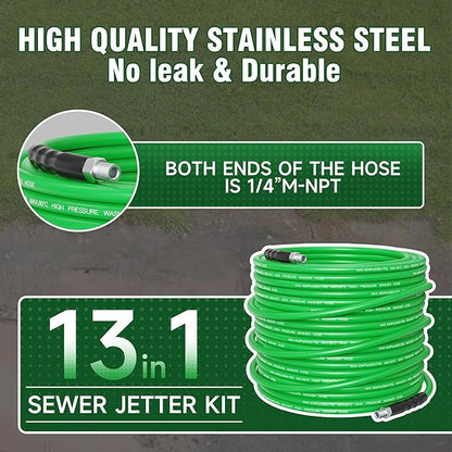Sewer Jetter Kit for Pressure Washer 50FT – 5800PSI High-Pressure Drain Cleaner, M22 & 1/4'' NPT Universal Fit, Unclog Gutters & Sewer Lines, Durable Jetter Hose for Homeowners & DIYers