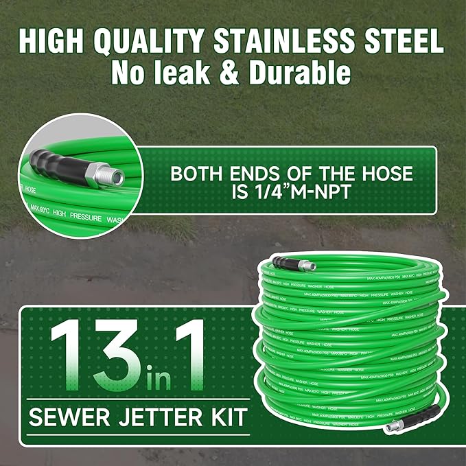 Sewer Jetter Kit for Pressure Washer 150FT – 5800PSI High-Pressure Drain Cleaner, M22 & 1/4'' NPT Universal Fit, Unclog Gutters & Sewer Lines, Durable Jetter Hose for Homeowners & DIYers