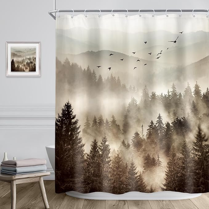 Riyidecor Foggy Mountain Shower Curtain 60Wx72H Inch Nature Rustic Woodland Scenery Tree Alpine Landscape Natural Abstract Modern Scene Bathroom Decor Fabric Polyester Waterproof 12 Pack Hooks