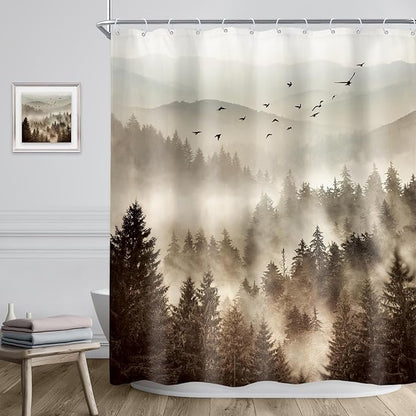 Riyidecor Foggy Mountain Shower Curtain 60Wx72H Inch Nature Rustic Woodland Scenery Tree Alpine Landscape Natural Abstract Modern Scene Bathroom Decor Fabric Polyester Waterproof 12 Pack Hooks