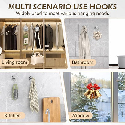 Shower Suction Cup Hooks, Heavy Duty Bathroom Wall Hooks for Towels, Robes, Loofahs, Removable Metal Hook for Tile Glass Mirror, No Drill(4 Pack, Silver)
