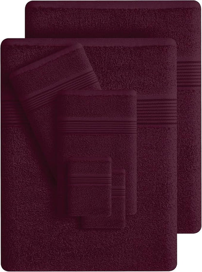 Belizzi Home 100% Cotton Towel Set, Contains 6 Soft Bath Towel, 6 Hand Towels, 12 Wash Cloths - Compact Absorbent Lightweight & Quickdry Towels for Bathroom - 24 Piece Bathroom Towel Set - Burgundy