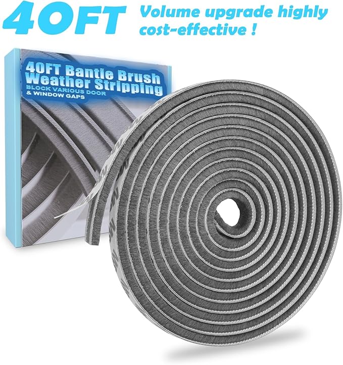 40FT Brush Weather Stripping Door Window Seal - Weather Strip Insulation for Door Frame & Window, Soundproofing Weather Stripping