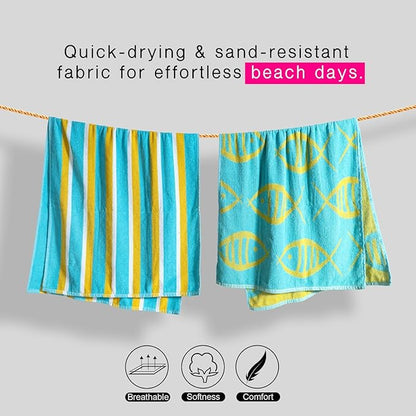 CASA COPENHAGEN Miami Bath Towels Designed in Denmark Rough and Tough, Quick Dry, for Pool, Bath & Shower 30"x60", 2 Pieces Cotton Beach Towels Set - Fish Teal + Yellow Stripe